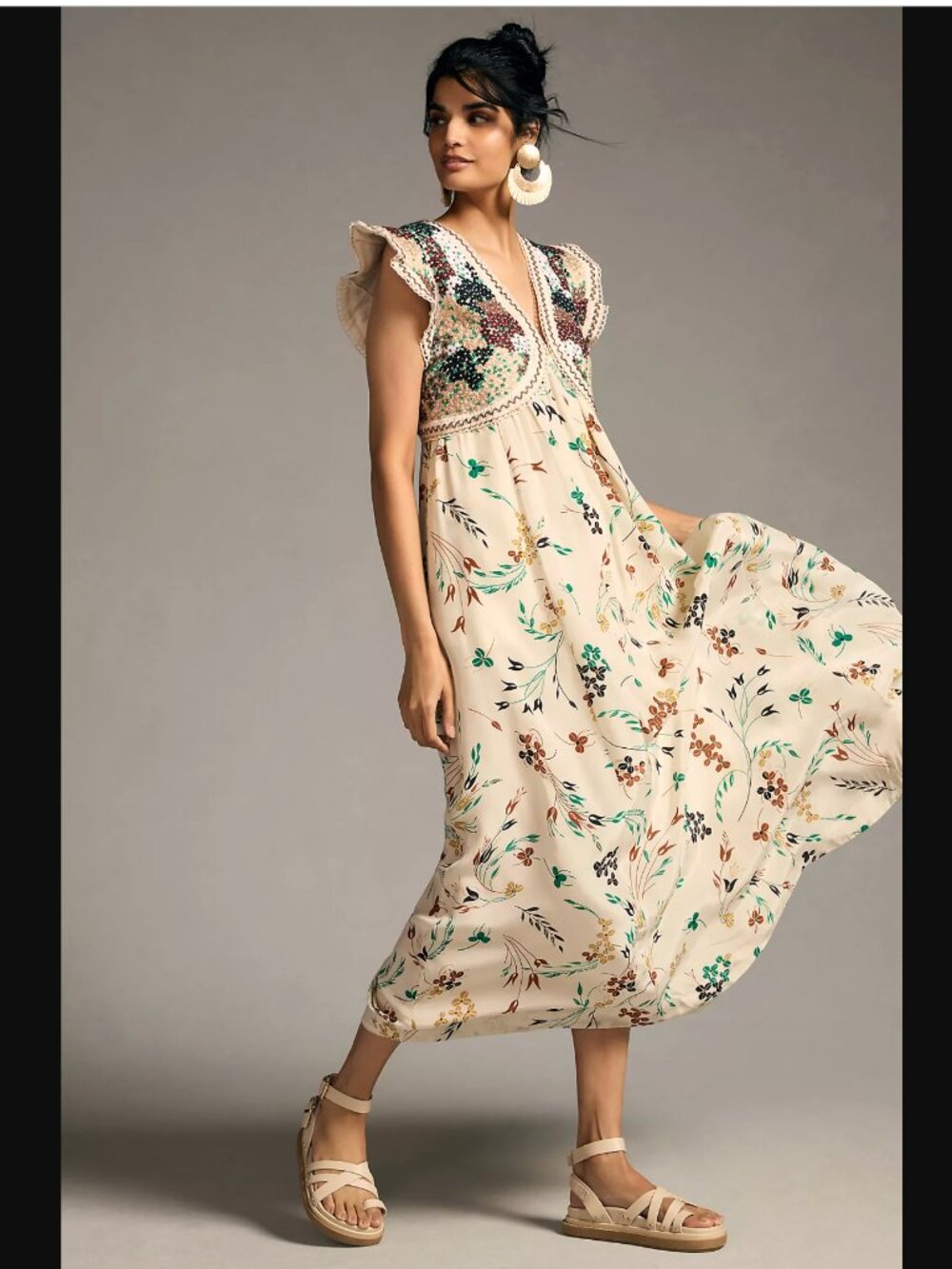 Anthropologie Cream Maxi Dress with Green & Brown Floral Print and Crochet Vest